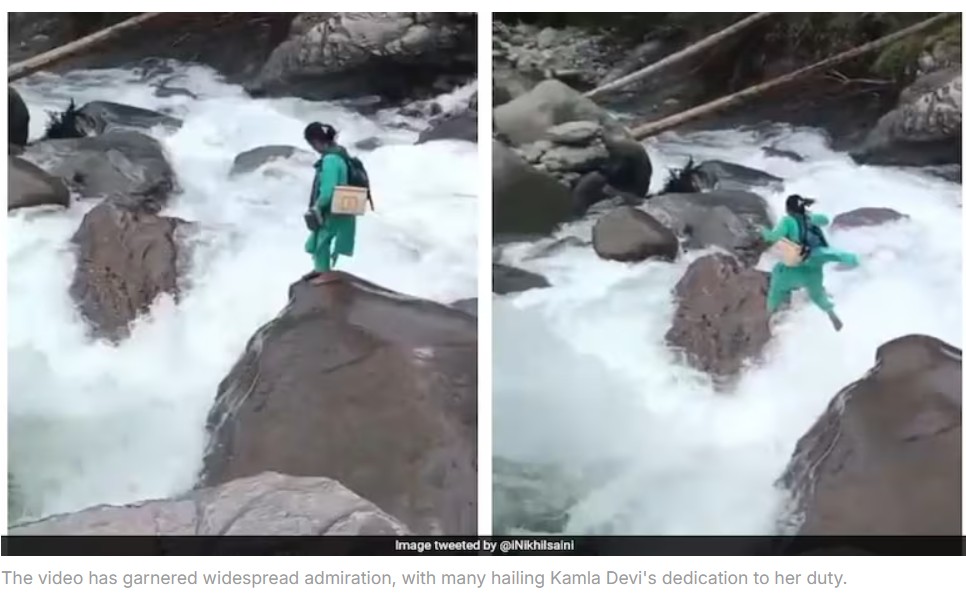 Kamla Devi crossing the stream